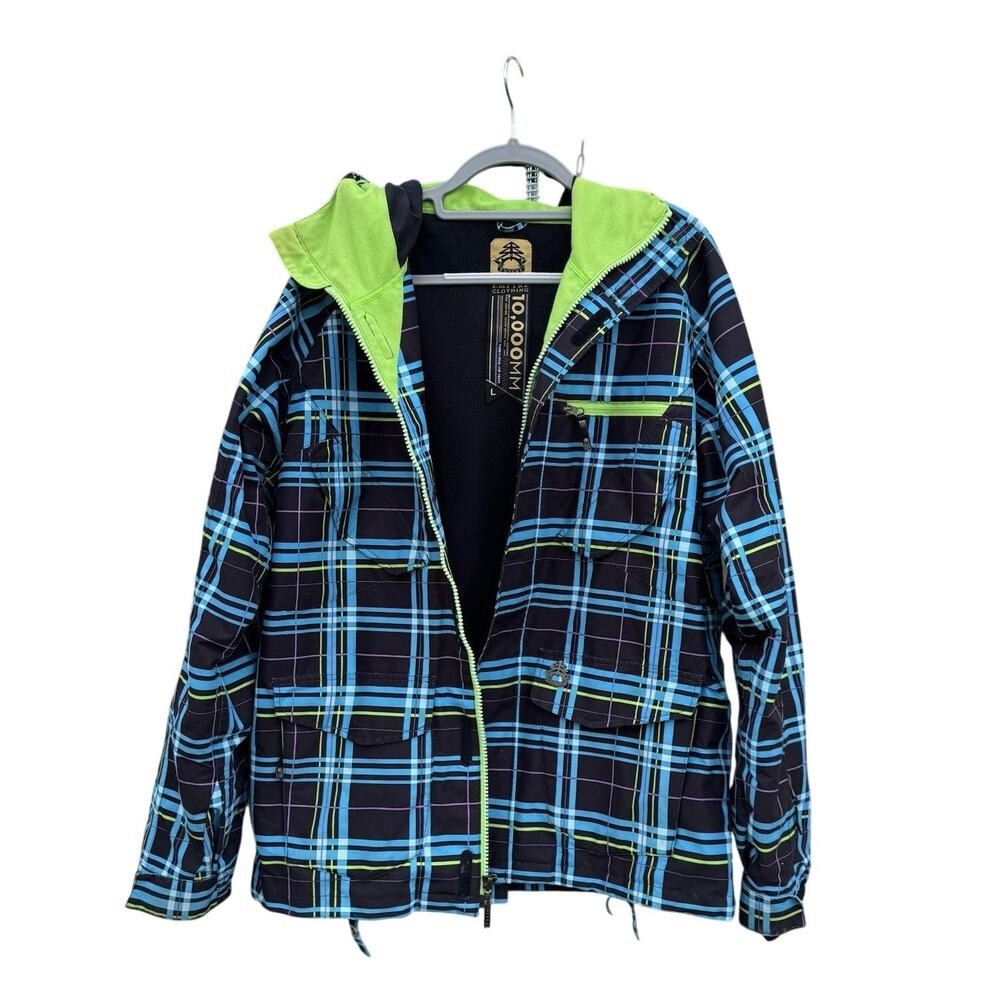 Empyre Snowboard Ski outdoor waterproof Jacket black blue plaid mens Large EUC